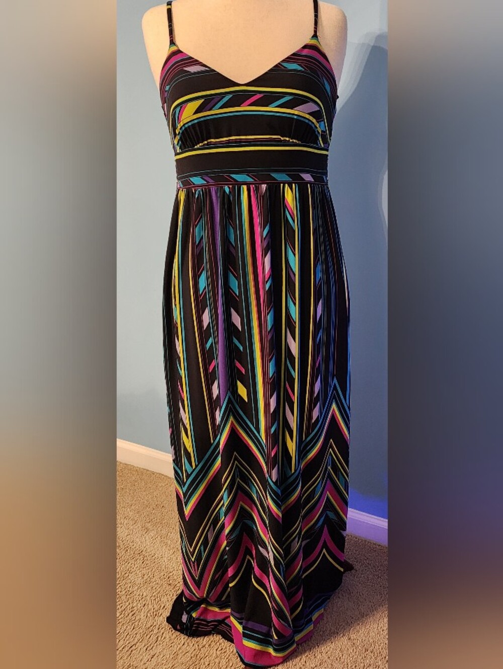 AB Studio Black Maxi Dress with Multicolor Chevron Stripes